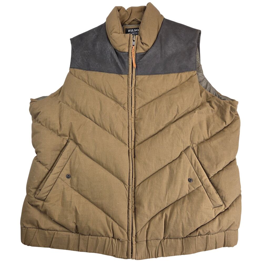 Filson Women's Down Vest XXL Antique Bronze Calfskin Leather Goose Down Puffer
